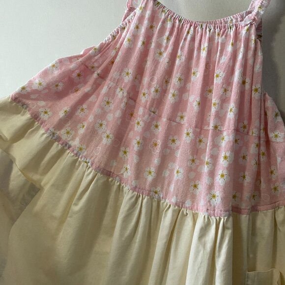 Handmade Plus Size Cotton Pink Cream Floral Elastic Straps Patch Pockets Dress - Picture 6 of 11